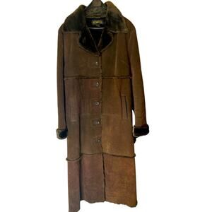Vintage Komitor chocolate brown suede Penny Lane long fax fur lined coat. Sz L